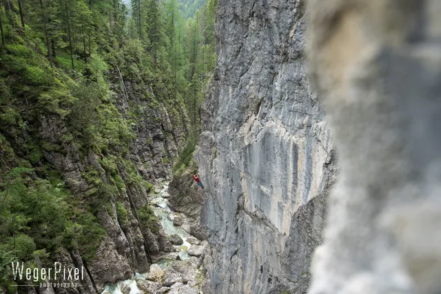 Weitwinkelaufnahme einer bewaldeten Klamm mit Kletterer in der Felswand