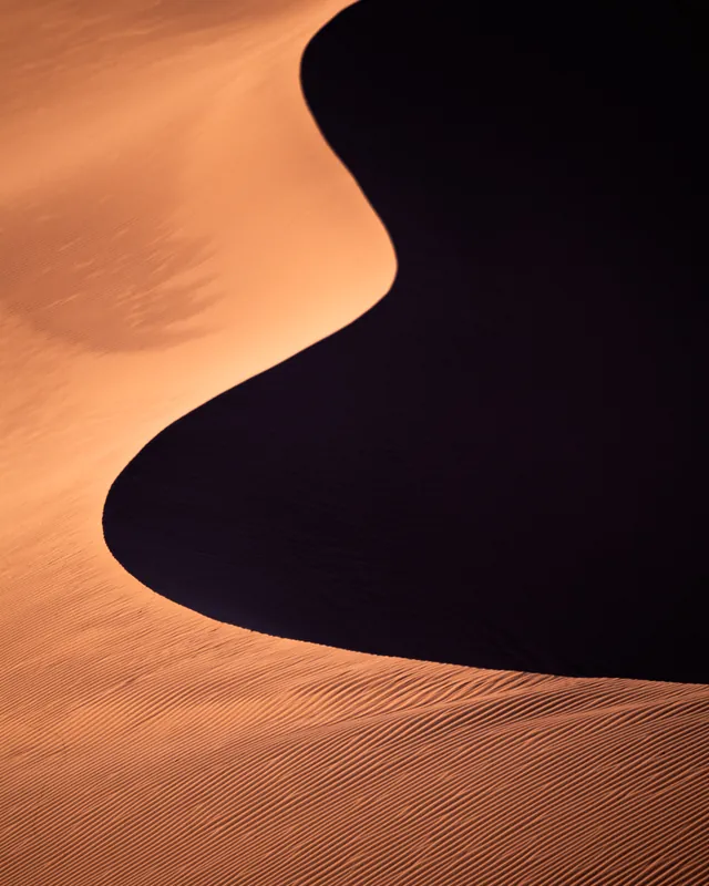 Geschwungene Sanddüne mit scharfer Licht-Schatten-Kante in Namibia